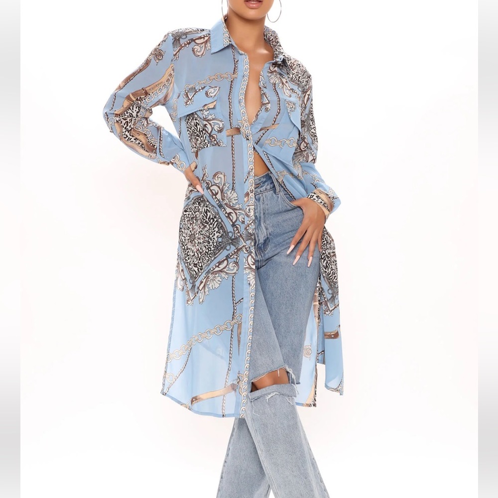 Fashion Nova / Trust Is A Virtue Baroque Maxi Shear Shirt - Blue Chain Combo